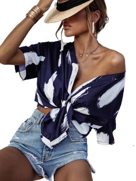 

brush print drop shoulder blouse e1er#, White