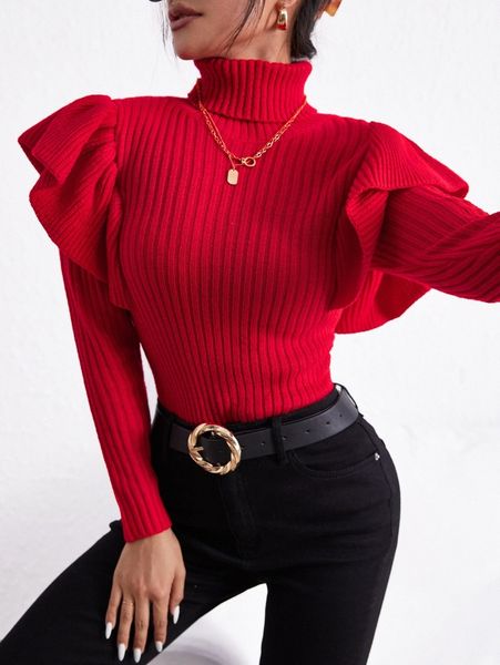 

turtle neck ruffle trim sweater v5kb#, White;black