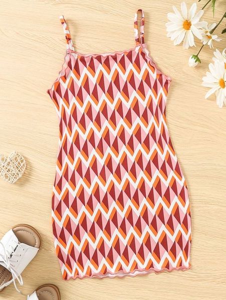 

toddler girls chevron print lettuce trim cami dress she, Red;yellow