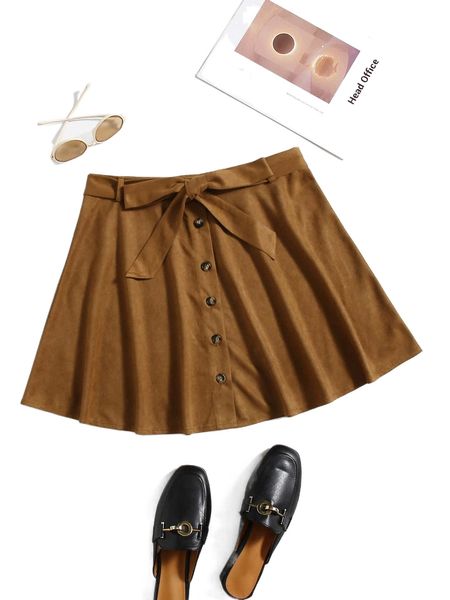 

button front belted suede skirt m4f2#, Black