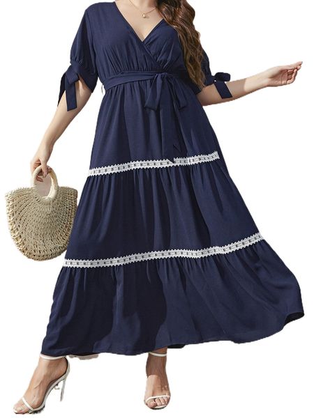 

plus knot cuff guipure lace panel belted dress z2zk#, Black
