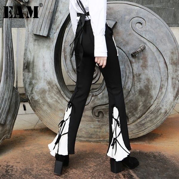 

eam high waist back pleated bandage long flare trousers loose fit pants women fashion spring autumn 1h013 y200418, Black;white