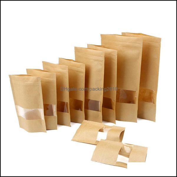 Borse portaoggetti Organizzazione domestica Housekee Garden 10Pcs / Lot Food Kraft Paper K Borsa con finestra Stand Up Impugnatura richiudibile Buste autosigillanti