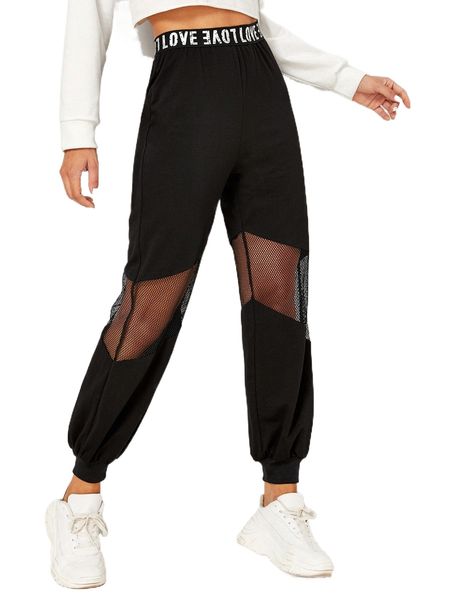 

letter graphic waist fishnet panel pants b3nl#, Black;white