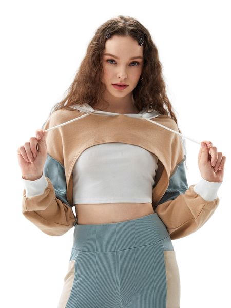 

x ama colorblock drawstring super crop hoodie 75wx#, Black