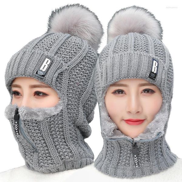 Beanie/Skull Caps Winter Knitted Wool Ski Hat Full Face Mask Sciarpa Donna Uomo Ciclismo all'aperto Caldo passamontagna spesso Scaldacollo Cappelli Pompon De