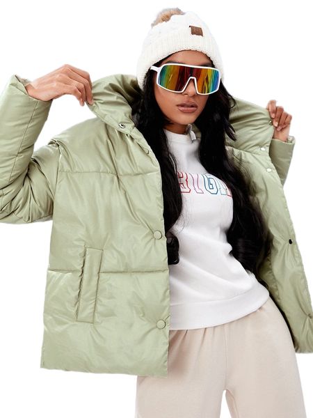 

button front pocket puffer coat r0ce#, Black