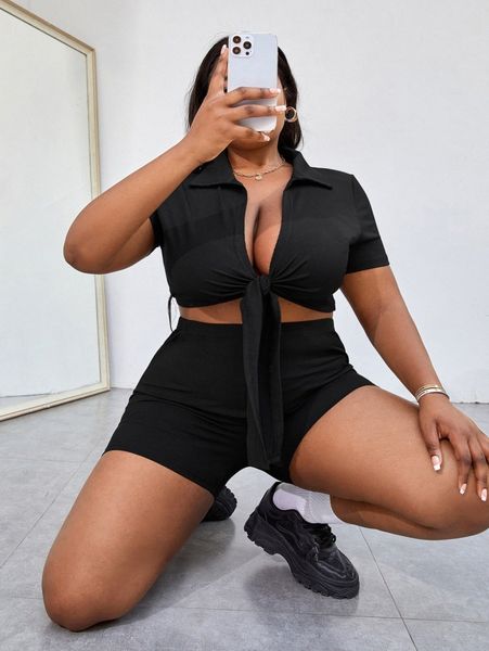 

sxy plus tie front deep v neck blouse & shorts c5bd#, Black