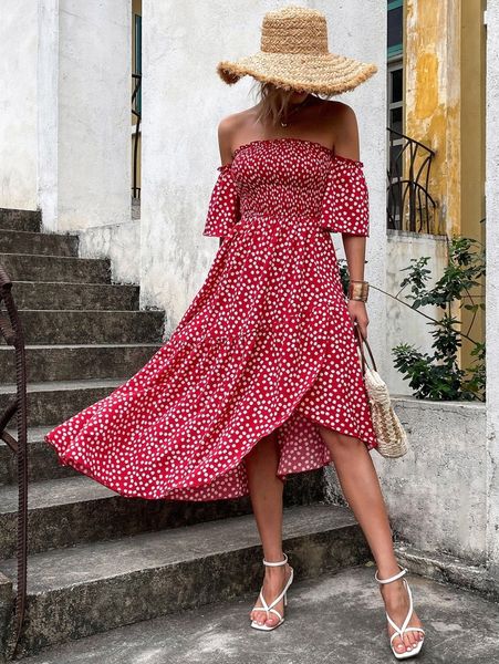 

allover floral print shirred off shoulder asymmetrical ruffle wrap hem dress r5dt#, Black;gray