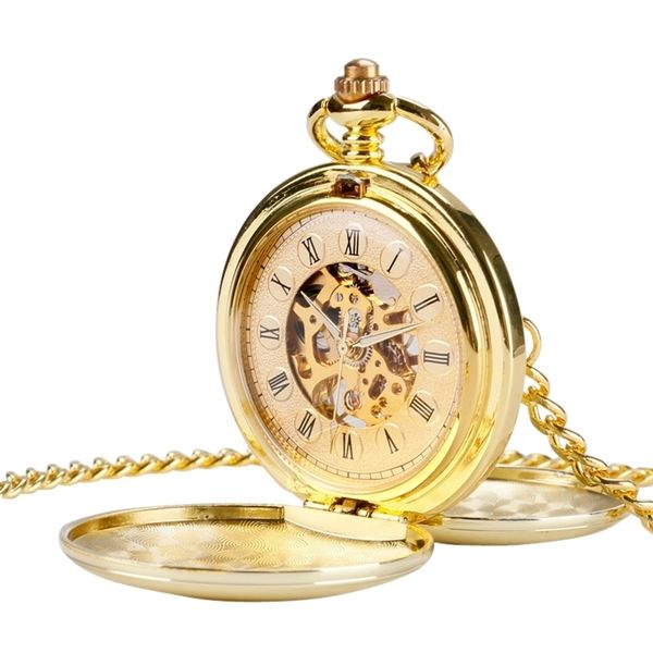20pcslot dhl de alta qualidade polida ouro duplo abriu o relógio de bolso mecânico flip white Roman Dial Pocket watch t200502