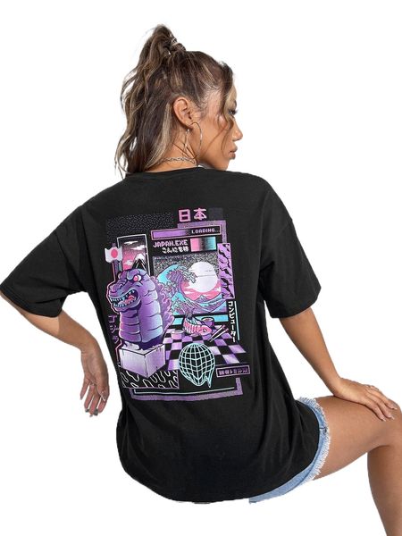 

x ilustrata chinese letter and cartoon graphic tee e1pk#, White