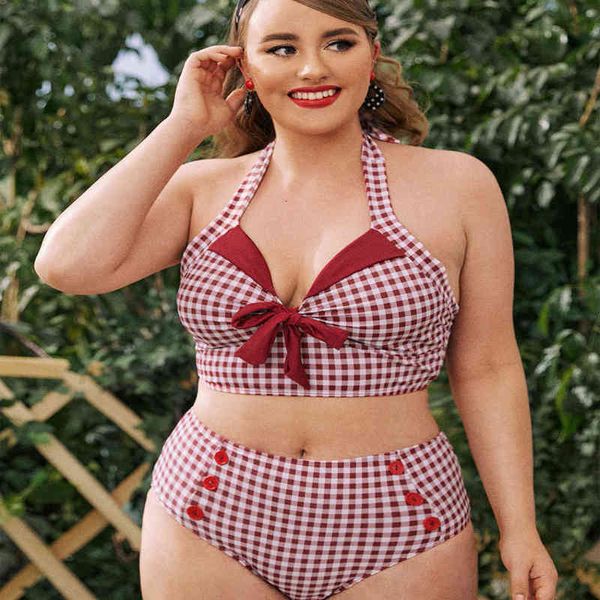 

ins bikini 2022 biniki red check women's split swimsuit with bra, White;black