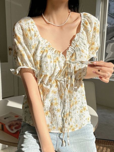 

dazy allover floral tie front frill ruffle trim peplum blouse b4f2#, White