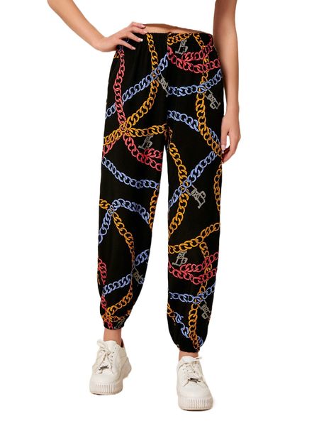 

chain print elastic waist joggers 13x1#, Black;white