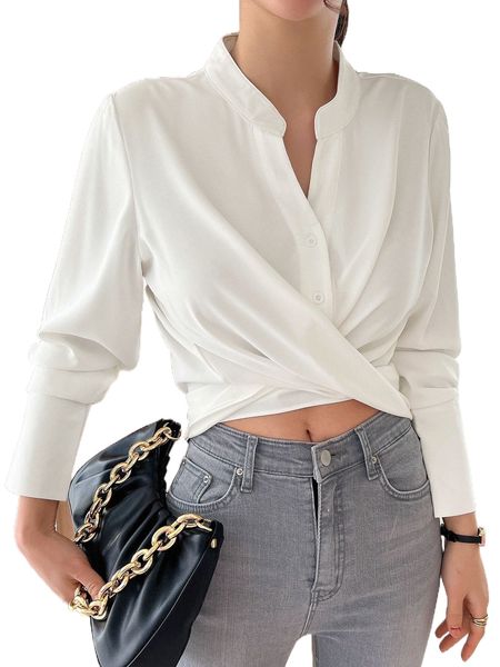 

dazy notched neck knot back blouse x20p#, White