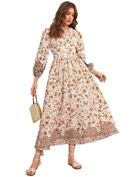 

allover floral print lantern sleeve dress 249m#, Black;gray