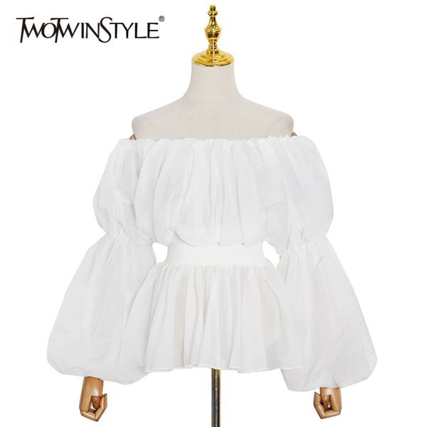 

elegant tunic blouse female slash neck lantern long sleeve white ruched shirt for women fashion clothing spring 210423