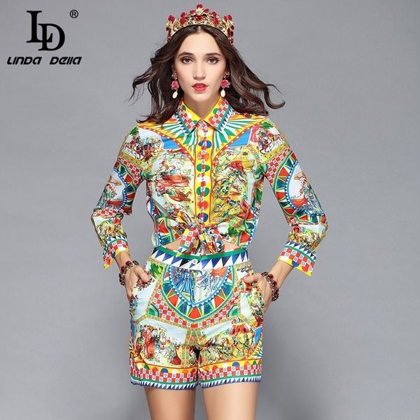 

ld linda della runway designer casual holiday vacation shorts set womens long sleeve print blouses shorts two pieces set suit y200110, White
