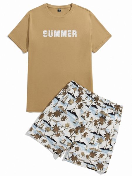 

men letter graphic tee & tropical print shorts set 335i#, Gray