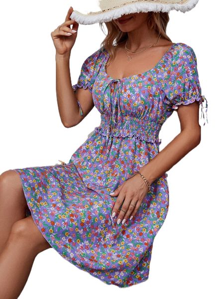 

ditsy floral print puff sleeve knot front shirred dress u8cu#, Black;gray