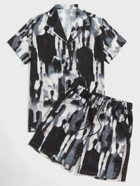 

romwe guys allover print shirt & drawstring shorts m3av#, Gray