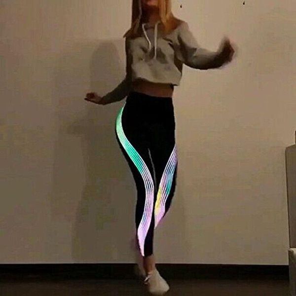 

women's leggings casual slim iridescent reflective material printed fitness stretch elastic glow in dark pants trousers, Black
