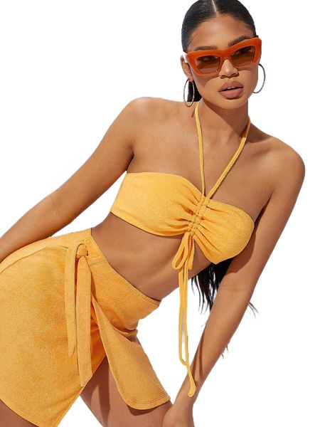 

drawstring ruched bust halter p14f#, White
