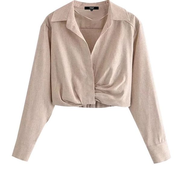

traf women fashion with pleats linen cropped blouses vintage long sleeve side zipper elastic hem female shirts chic 220813, White