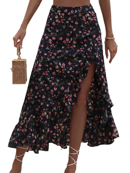 

floral print ruffle trim split thigh skirt q19c#, Black