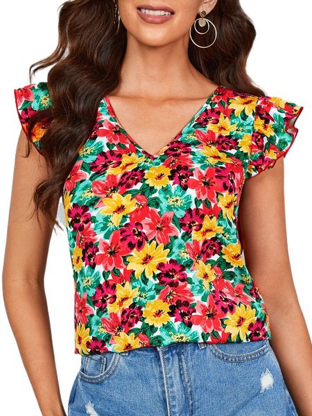 

allover floral print ruffle trim blouse b2gh#, White