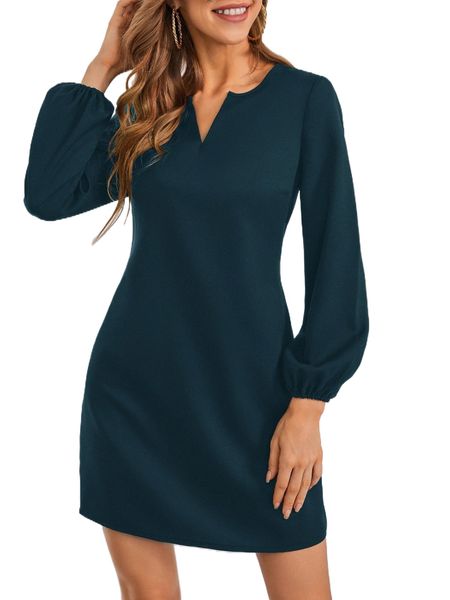 

notched neckline lantern sleeve dress 10ey#, Black;gray