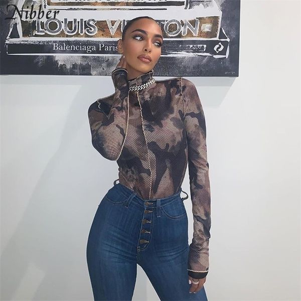 

nibber autumn new fashion snake print slim mesh bodysuit women casual patchwork turtleneck full sleeve short jumpsuit femme y200401, Black;white