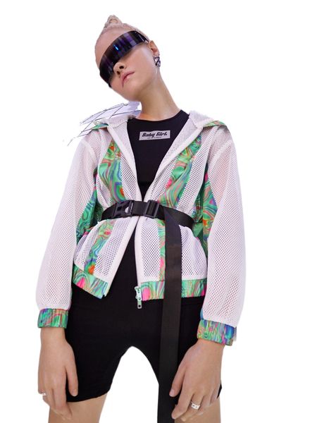 

colorblock zipper fly hooded fishnet mesh jacket i62u#, Black;brown