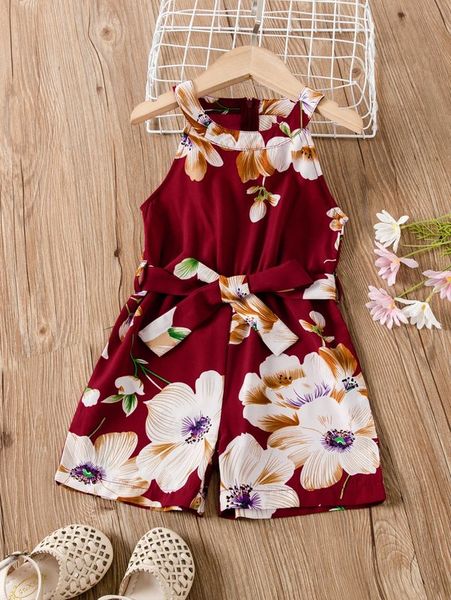 

toddler girls floral print belted halter romper she, Blue