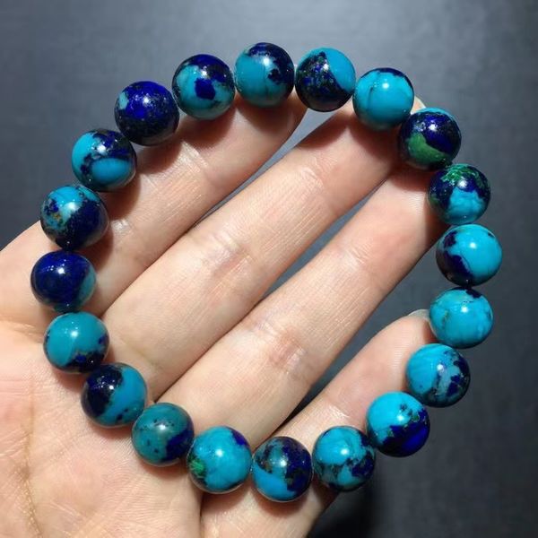 

natural blue malachite gemstone azurite bracelet 9.6mm stretch round beads chrysocolla rare women men jewelry aaaaaa, Silver