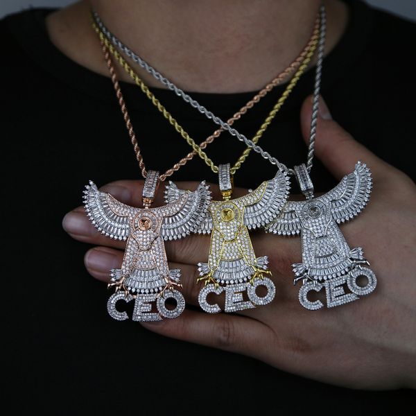 Roségold versilberte Halskette mit Buchstaben-CEO-Adler-Anhänger und Seilkette, vereiste Hip-Hop-Männer-Charm-Halsketten, Schmuck, gepflasterte 5A-Kubikzirkon-Steine für Party