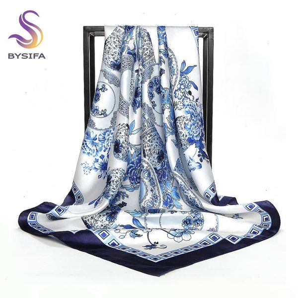 Bysifa Cina Stile Blu Bianco Sciarpa Di Seta Mantello Design Donna Testa Musulmana Stampato Accessori Moda Raso