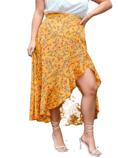 

plus allover floral print ruffle asymmetrical hem skirt w5yr#, Black