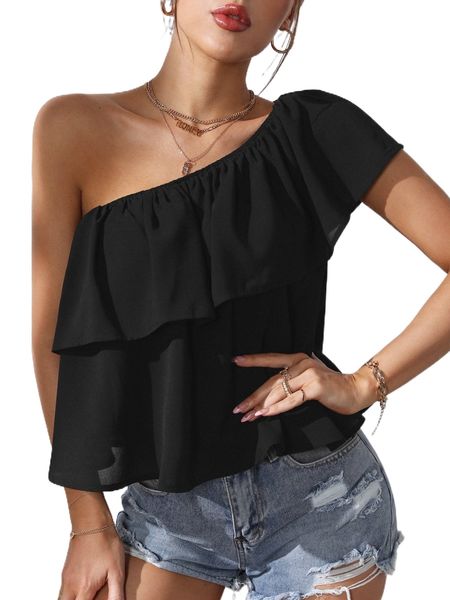 

ruffle trim one shoulder i9jw#, White