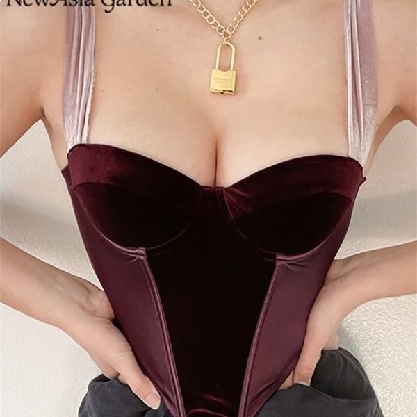 Asia Velor Corset Top Tick Up Bow Push Bow Pushded Подкладка Подгоняющая Боженные Кнопки Bustier Женщины Летний Сексуальный Y2K Урожай Бак 220318