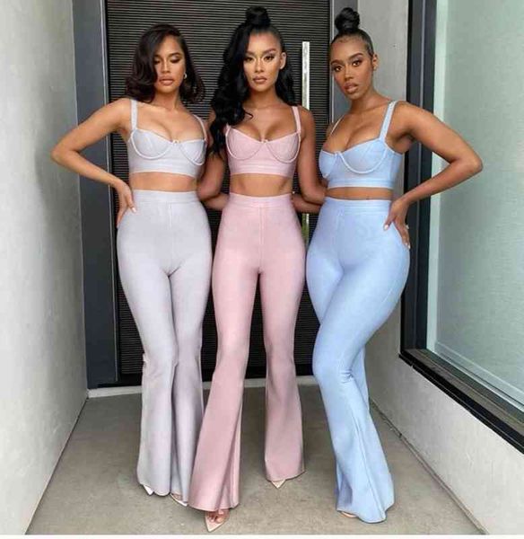 

women's two piece pants spring and summer tricolor women's breast wrap suspender high waist flare set, White