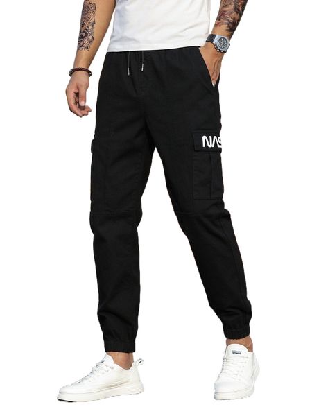 

men letter graphic flap pocket side drawstring waist cargo jeans z6fz#, Blue