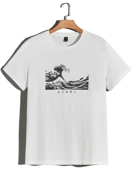 

men wave and japanese letter graphic tee 73eq#, White;black
