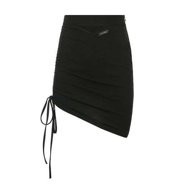 

skirts women summer fashionhollow out irregular hem pleated bandage skirt hip wrap slim zipper skirt, Black