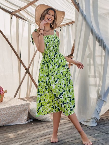 

allover floral print knot shoulder shirred cami dress 19nd#, Black;gray