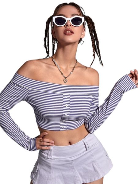 

off shoulder striped tee o89h#, White