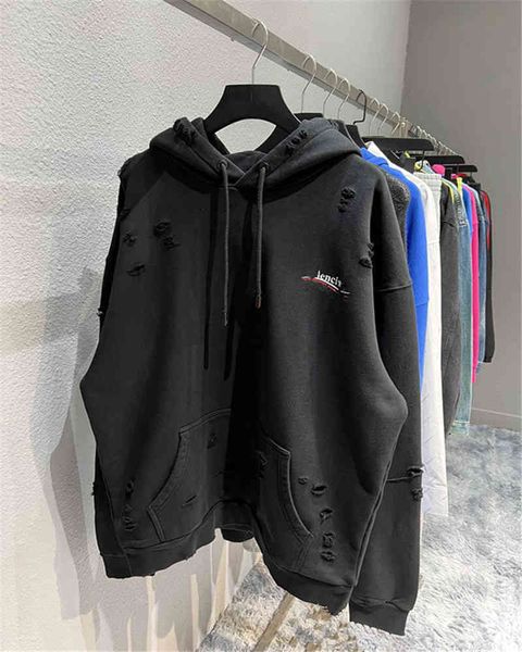 

designers hoodies balencaigass sweaters high version 22fw autumn and winter new wave cola printed couple high street hole worn par swcr, Black