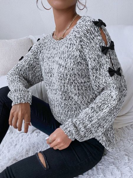 

marled knit bow side sweater 60co#, White;black