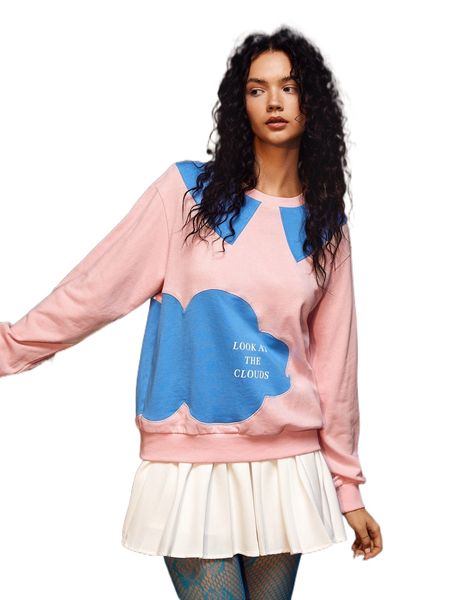 

x cloud by clau slogan graphic colorblock round neck pullover 17fc#, Black