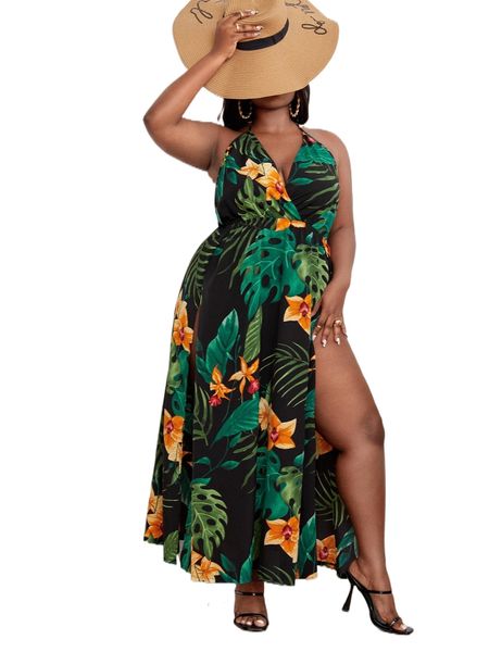 

sxy plus tropical print tie backless split thigh maxi halter dress i9od#, Black